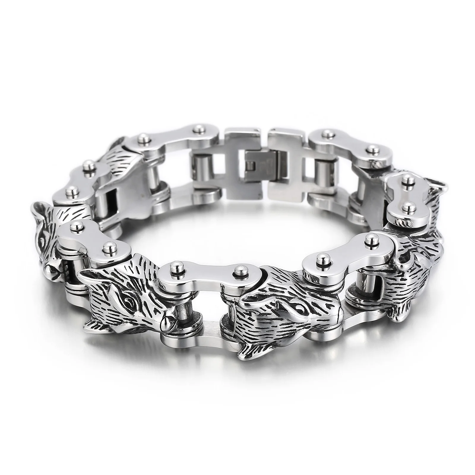 

Wolf Bracelet Men Stainless Steel Motorcycle Bicycle Link Chain Biker Street Culture Jewelry