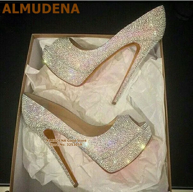 ALMUDENA Top Brand Bling Bling Crystal Wedding Shoes Open Toe Platform Rhinestone Banquet Pumps Slip-on Evening Party Shoes