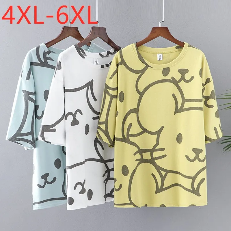

New 2021 Ladies Summer Plus Size Tops For Women Large Short Sleeve Loose Cotton Yellow White Print O-neck T-Shirt 4XL 5XL 6XL