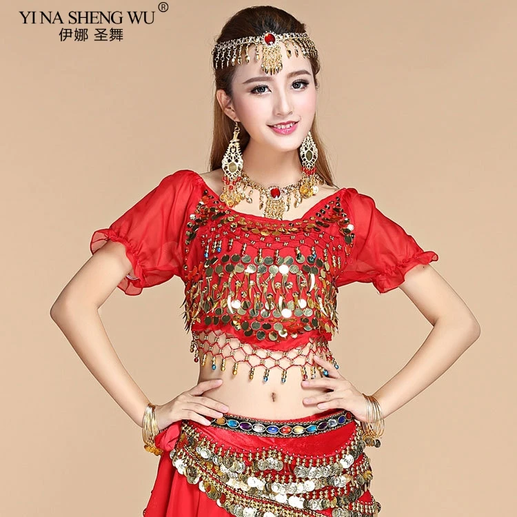 

Women's Belly Dance Costume Shirt Chiffon Lantern Short Sleeve Gold Coins Top&tees Indian Clothing Belly Dancing Perfomance Tops