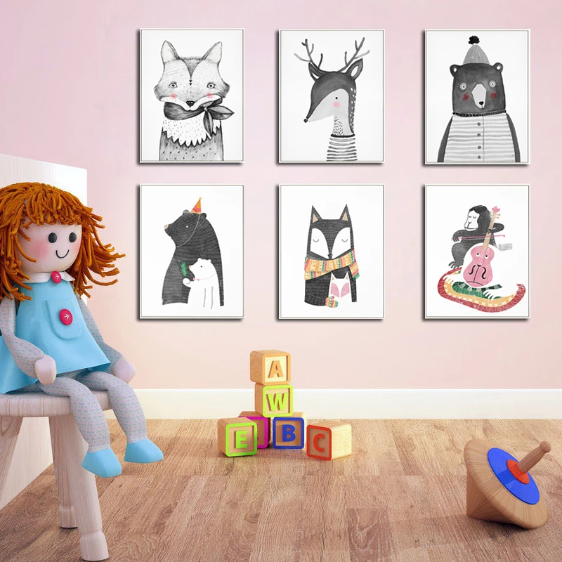 

Cute Cartoon Animal Bear Deer Monkey Decorative Picture Children's Room Kindergarten Frameless Canvas Painting Wall Art Kids
