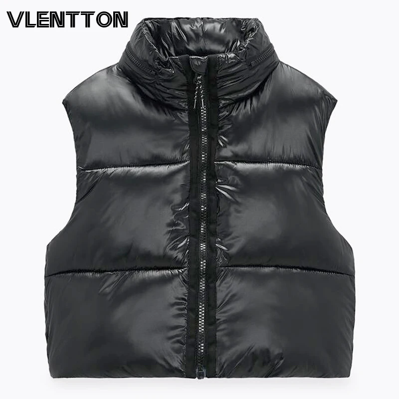 

2021 Spring Autumn Women Black Glossy Hooded Jacket Coat Chic Zipper Sleeveless Cotton Outwear Casual Warm Short Tops Female
