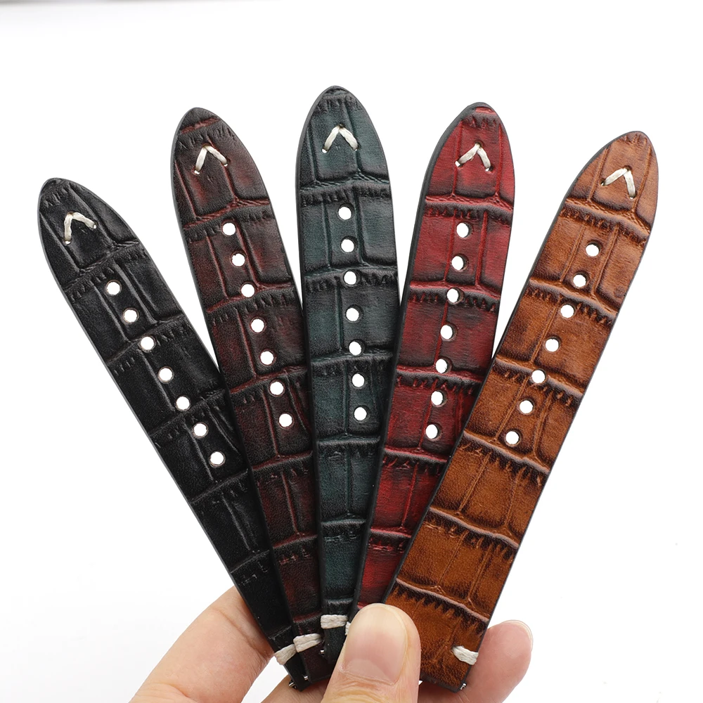 Genuine Leather Watch Strap 18mm 20mm 22mm 24mm Handmade Stitching Vintage Alligator Watchband Replacement for Men Belts