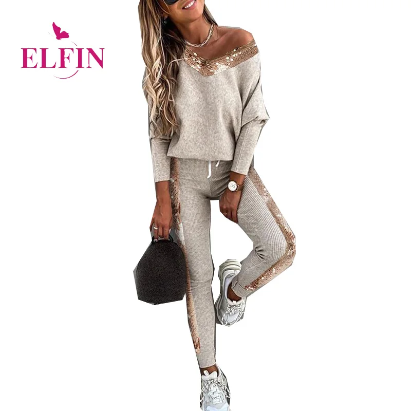 

Женский осенний комплект из двух предметов с блестками, пикантный топ с V-образным вырезом и длинными рукавами и брюки, Офисная Повседневная...