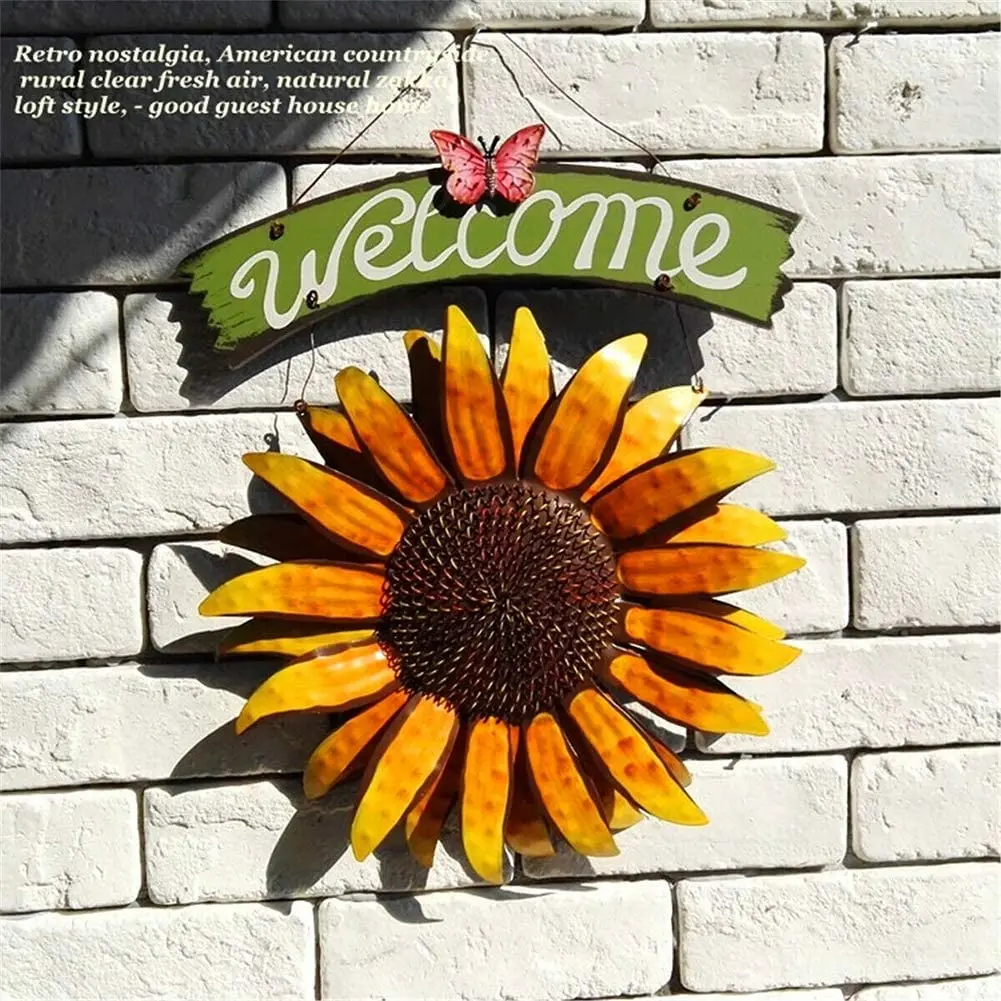 

Door Hanging Outdoor Iron Butterfly Sunflower Welcome Sign Garden Painting Retro Wall Art Indoor Home Decor Garden Ornaments