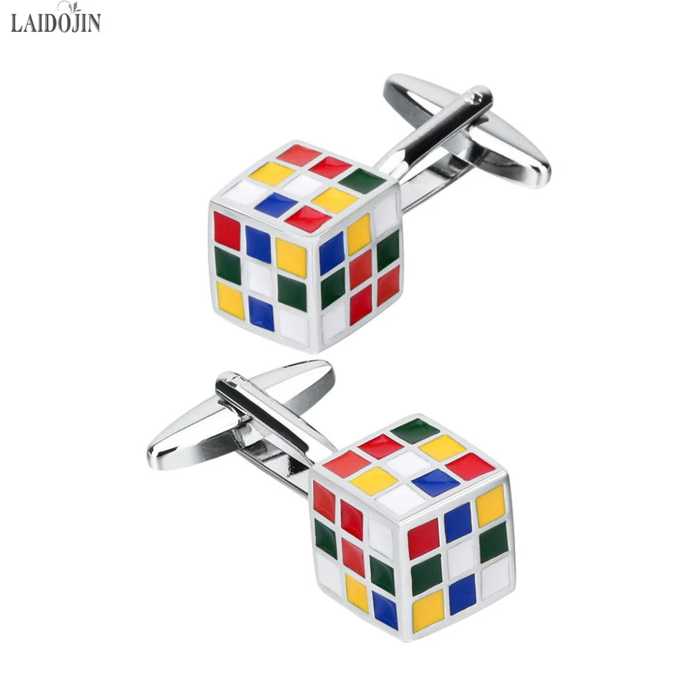 LAIDOJIN Novelty Muti-color Cufflinks For Men Brass Material 3D Magic Cube Design Cuff Links Business Jewelry Gift