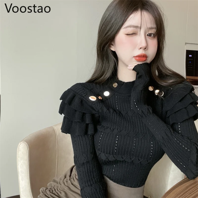 Свитер женский трикотажный с оборками и длинным рукавом весна-осень | Женская