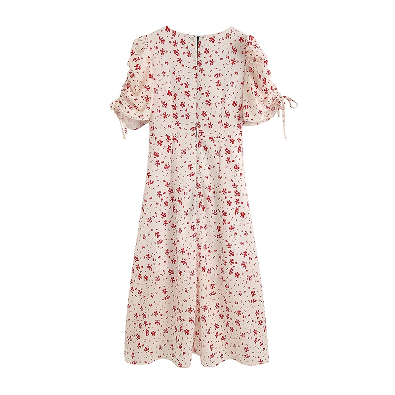 Элегантное платье с v образным вырезом и принтом пышное бантом коротким рукавом