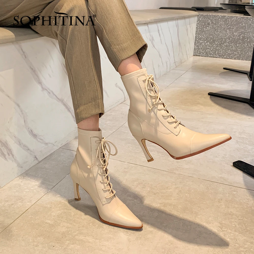 

SOPHITINA Lady Ankle Boots Sexy Thin Heels Pointed Toe Lace-up Mid-Calf Boots Genuine Leather Super High Heel Modern Boots DO880