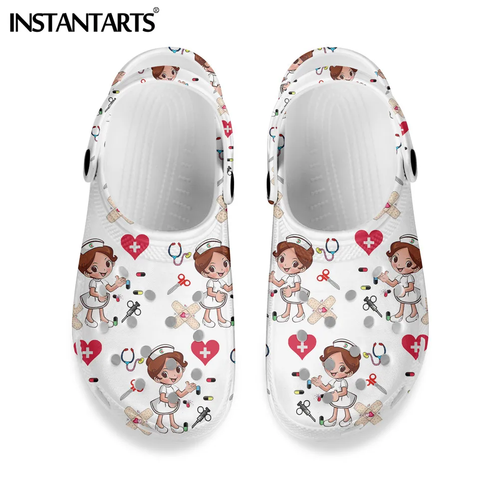 

INSTANTARTS Breathable White Nurse Shoes for Women's Cartoon Heartcare Medicine Clogs Shoe Summer Ladies Slippers Indoor Sandals