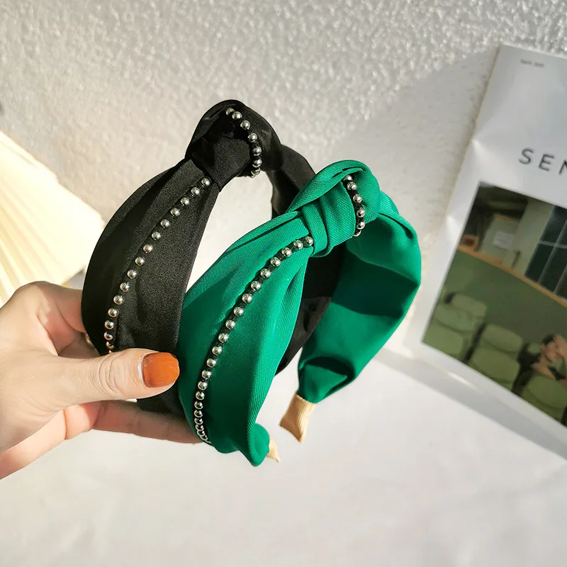 

Solid Color Satin Knot Headband Bezel Hair Hoop Jewelry European Style Hair Press Wide Wash Beads Hairband For Women