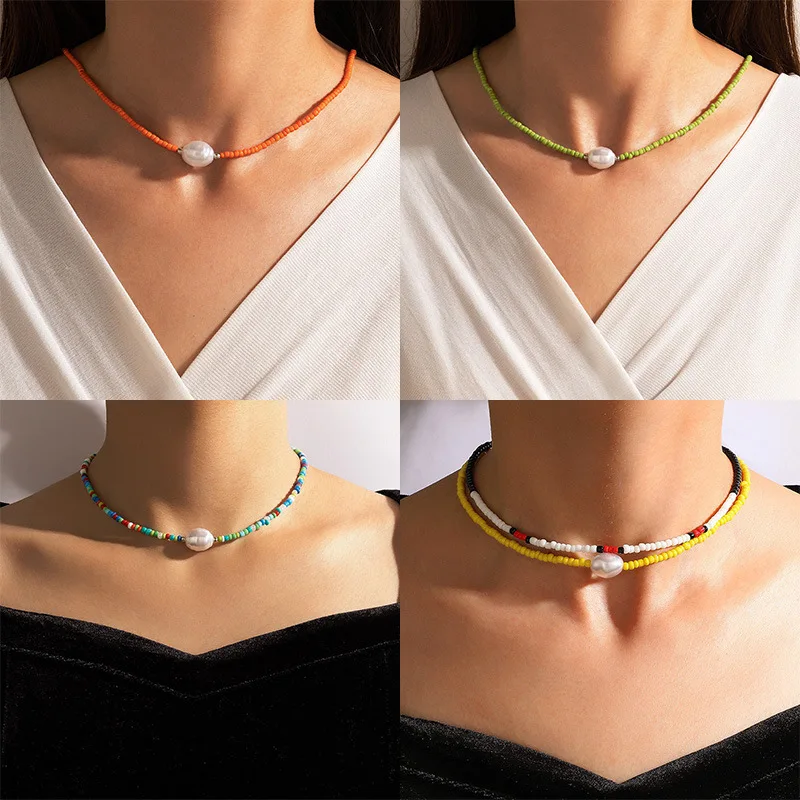 

HuaTang Bohemian Oval Pearl Necklace for Women Elegant Green Handmade Beads Adjustable Clavicle Chain Lady Party Jewelry 18238