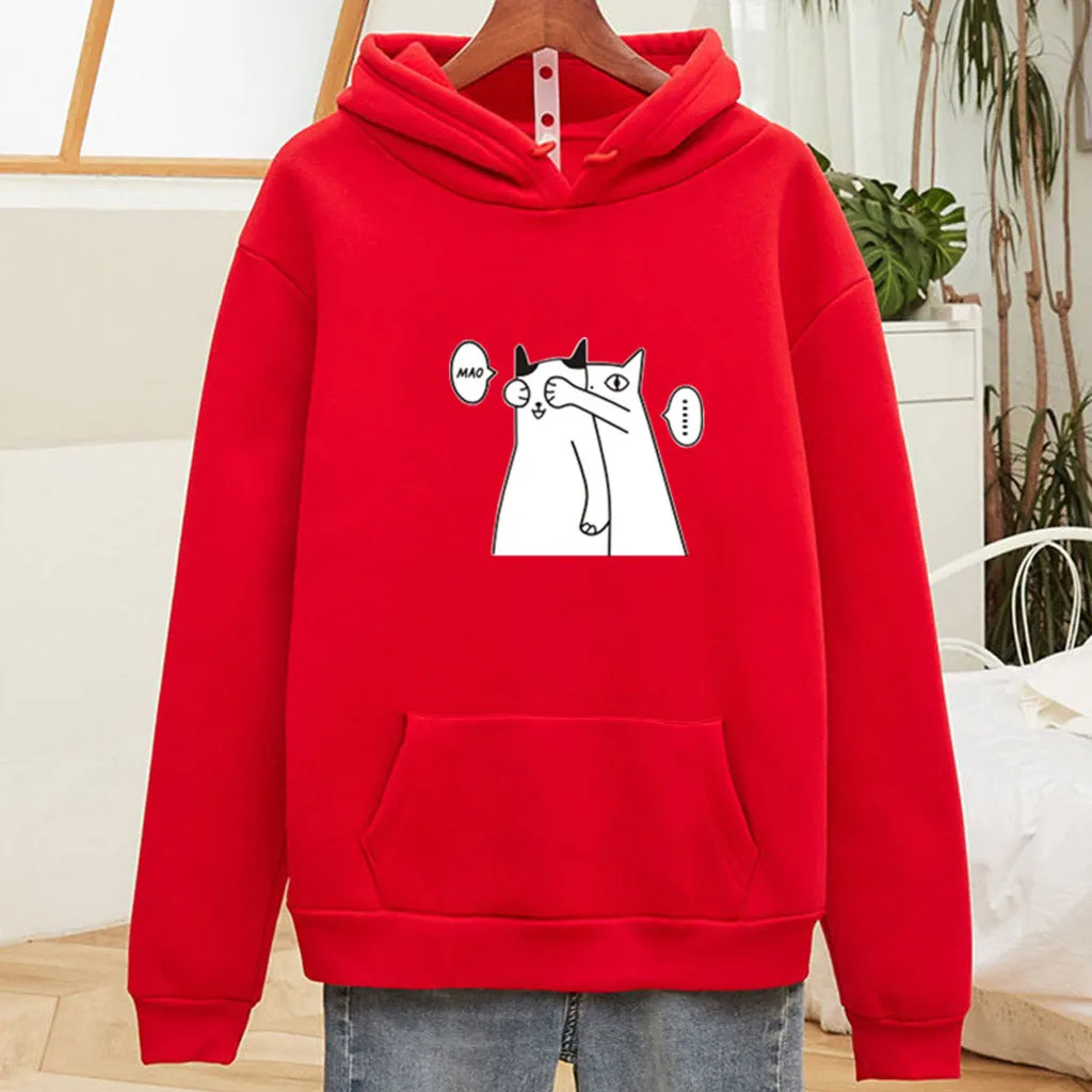 

Women Hoodies Long Sleeve Hoodies Kawaii Cat Print Casual Hooded Sweatshirt Pullover Top Harajuku Hoodies Sweatshirt Sudadera