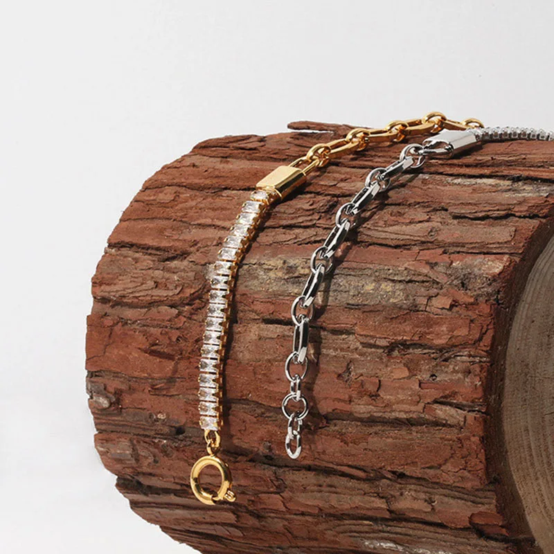 

Punk Gold Silver Color Zircon Chunky Chain Lock Bracelet for Women Girl Brass Splicing Adjustable Bangles Party Jewelry