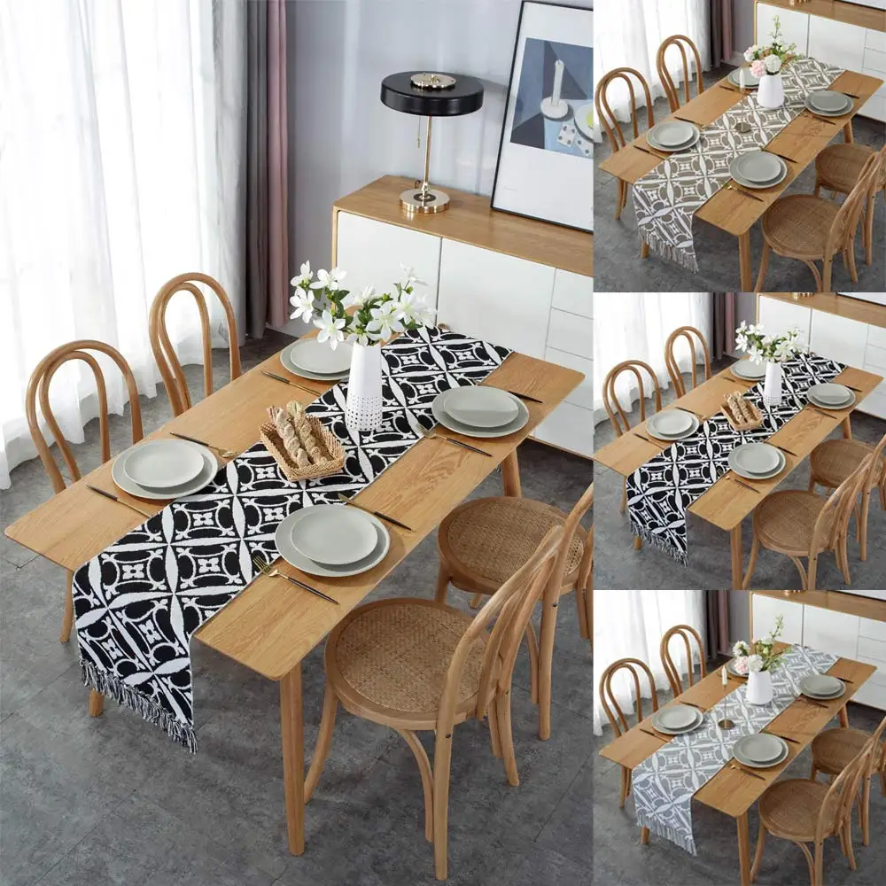 

Table Runner Minimalist Check Pattern Luxury Cotton Linen European Tassel Tablecloth Dining Table Decor Wedding Table Decoration