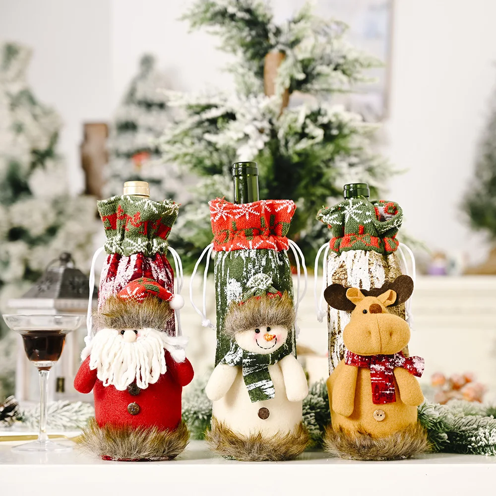 

Christmas Decoration Knitted Imitation Bark Wine Bottle Cover Creative Santa Claus Wine Bottle Bag Cover