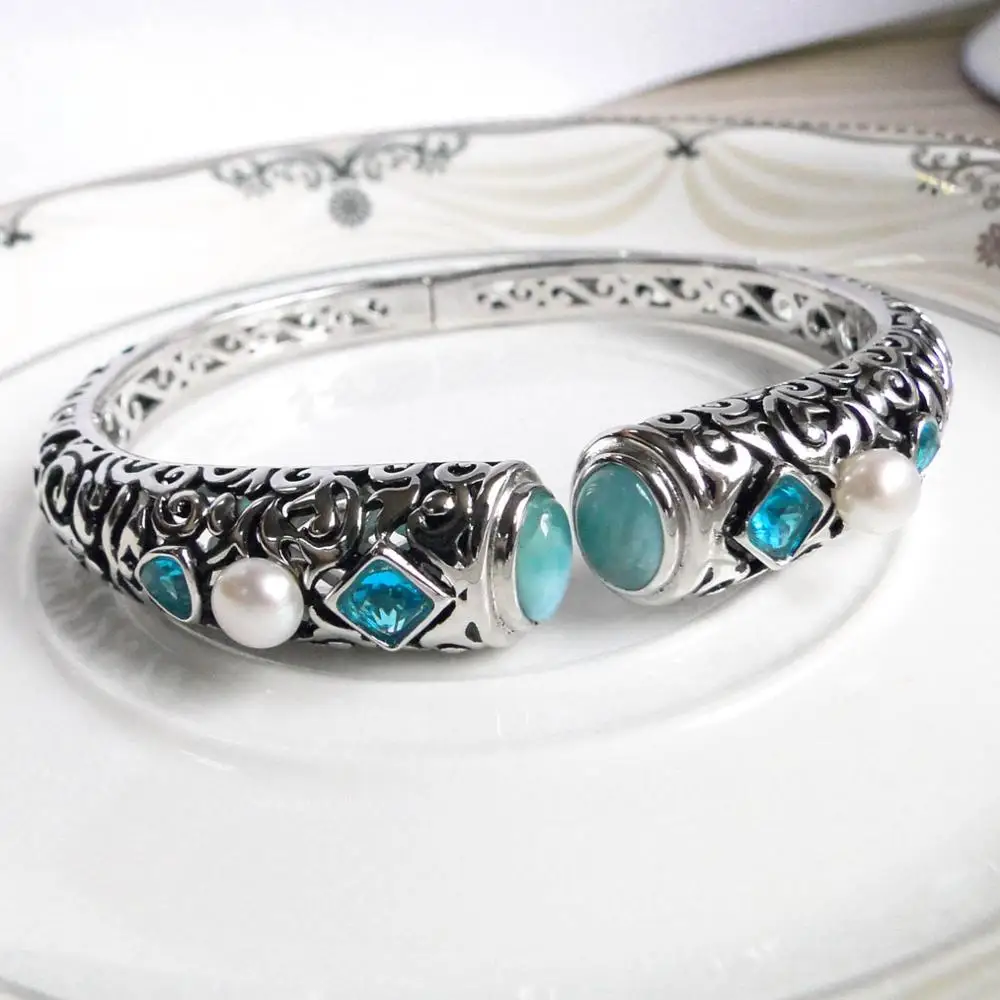 bangle Натуральный Ларимар серебро 925 пробы античный дизайн голубой топаз натуральный камень прелестная жемчужная подвеска ожерелье для женщин подарок - Цвет камня: bangle