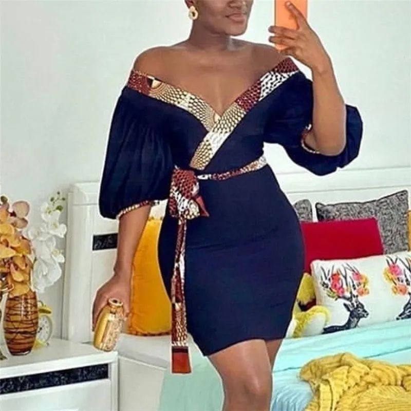 

Off Shoulder Midi Dress Sexy V Neck Lantern Sleeve Bodycon Evening Party Navy Blue African Dresses Big Size 2021 Autumn Fashion