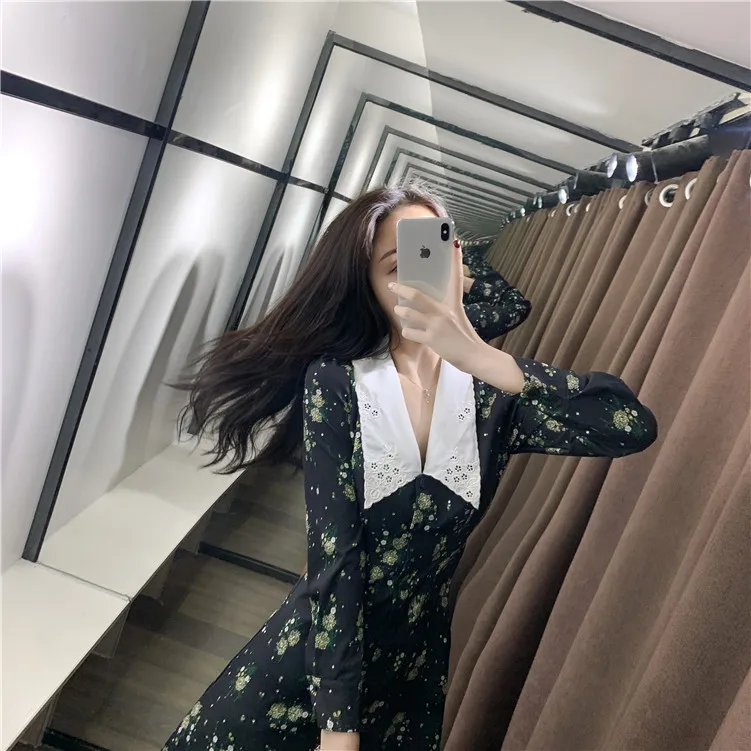 

Vintage Turn-down Collar Floral Printed Midi Dress Women 2020 Spring Runway Designer Long Sleeve A-line Slim Dress Female