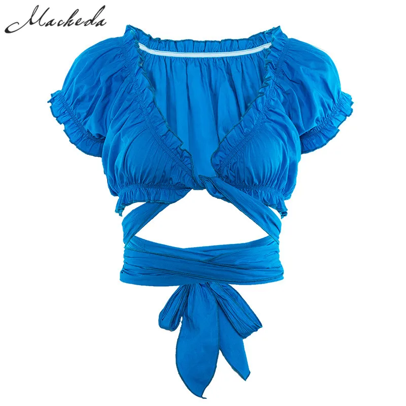 Macheda Женский укороченный топ с перекрещенным бантиком завязкой коротким рукавом