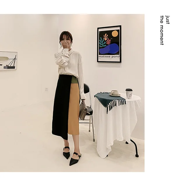 Patchwork Color Women 2019 Autumn Winter Fashion High Waist Irregualr Slim Skirts Female Casual Street A-Line |