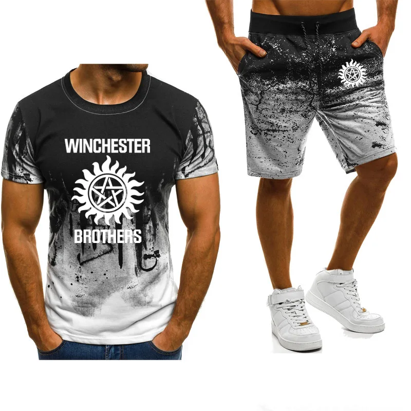 

Men summer short sleeve Supernatural Men Winchester Bros Printed ashion Casual Gradient High Quality Men T-Shirt Pants Suit 2Pcs