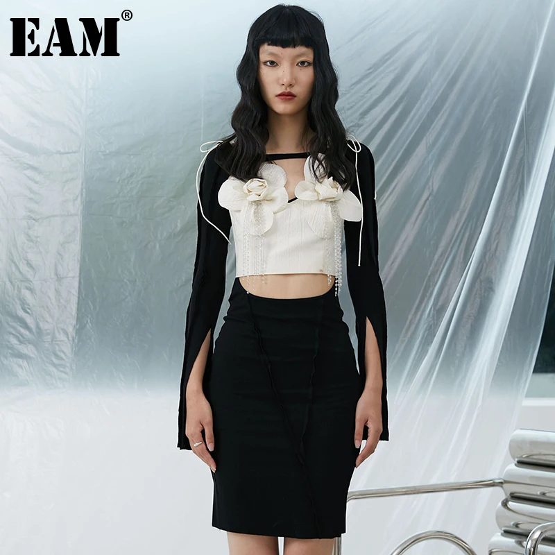 

[EAM] Women Black Hollow Out Long Pleated Dress New Round Neck Long Sleeve Loose Fit Fashion Tide Spring Autumn 2021 1DE2659