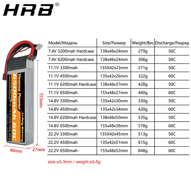 Youme-bater&iacute;a Lipo de 3300mah, 4500mah, 5200mah, 6200mah, 6500mah, T Deans EC5, XT90, 3S, 11,1 V, 2S, 7,4 V, 4S, 14,8 V, 6S, 22,2 V, piezas de coche RC, 2 uds.-2
