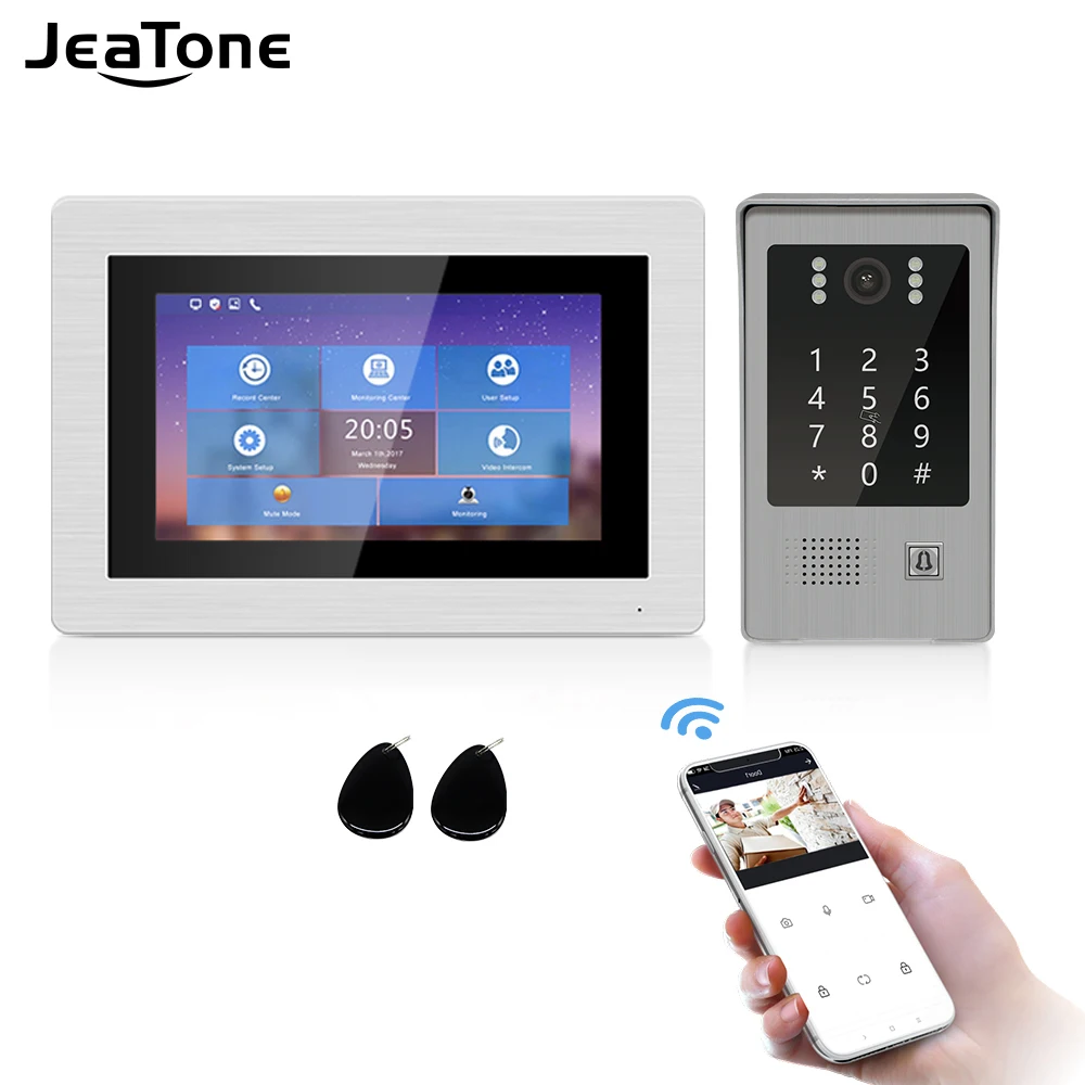 JeaTone WiFi  Video Intercom In Private House 7'' Touch Screen 960P Doorbell Unlock Code Keypad RFIC Card Access Control System
