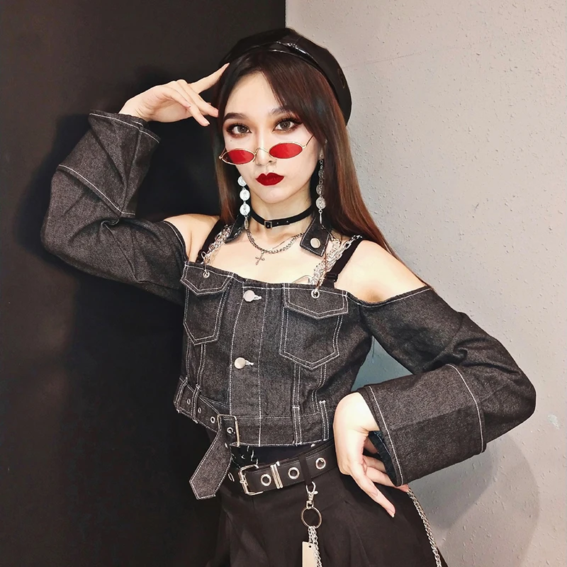 HEYounGIRL Повседневное Harajuku джинсовая куртка Для женщин с лямкой на шее с открытыми плечами черные джинсовые шорты куртки женские корейский стиль Осеннее пальто