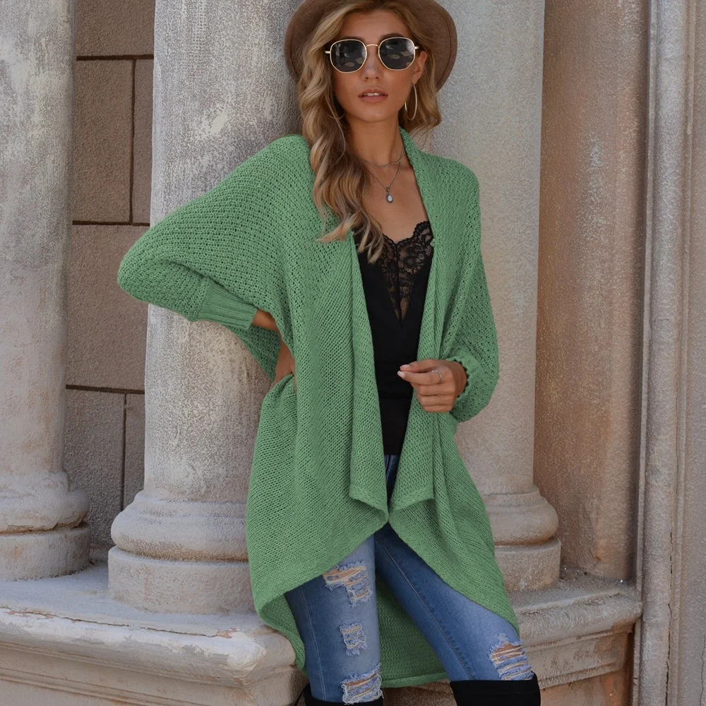 

Autumn Winter 2021 New Solid Color Versatile Sweater Bat Sleeve Loose Medium Length Women's Knitted Cardigan