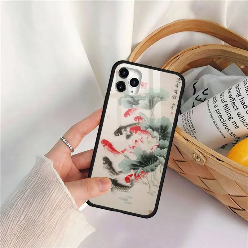 

Chinese Koi Fishes Phone Case Tempered glass For iphone 11 12 PRO MAX X XS XR 5C 6 6S 7 8 plus