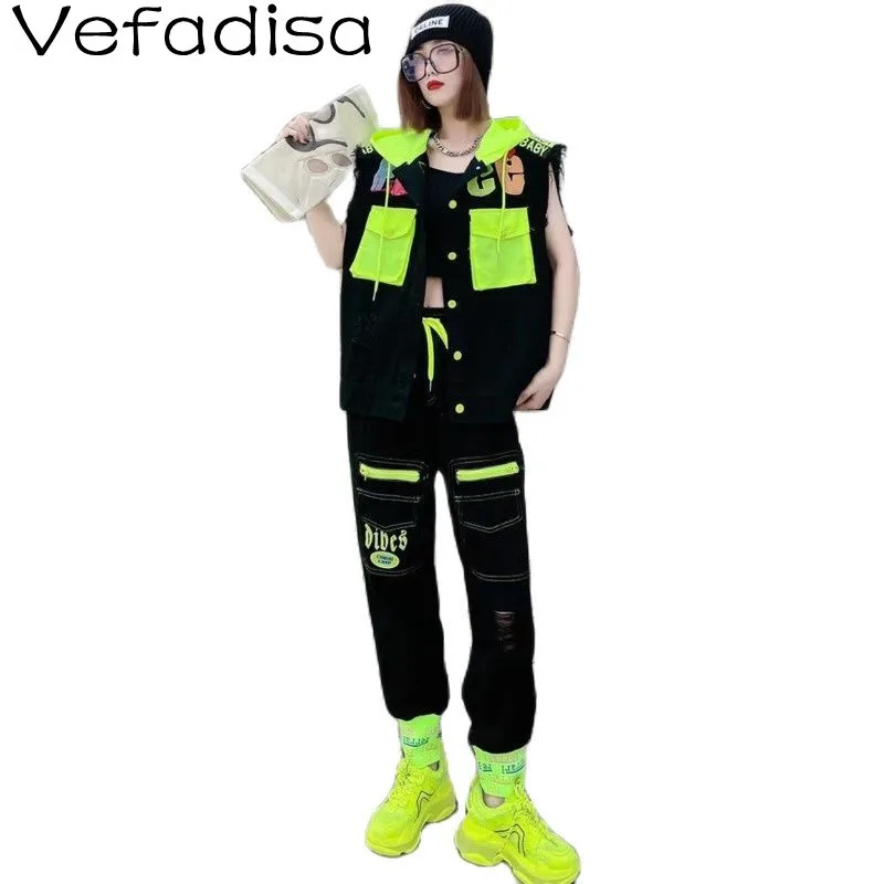 

Vefadisa 2021 Autumn New Women Clothing Contrast Stitching Hooded Denim Vest Sets Casual loose straight trousers Sets TT241