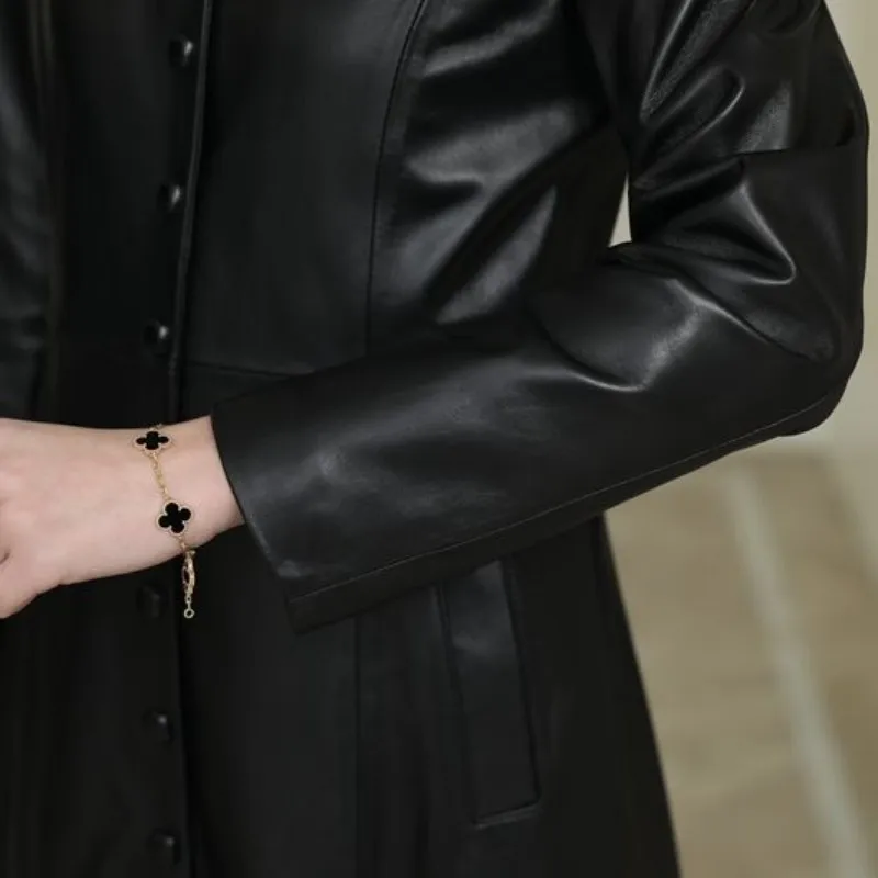 

Spring 2020 new leather jacket single button black women's long sleeve 100% sheepskin leather Robe