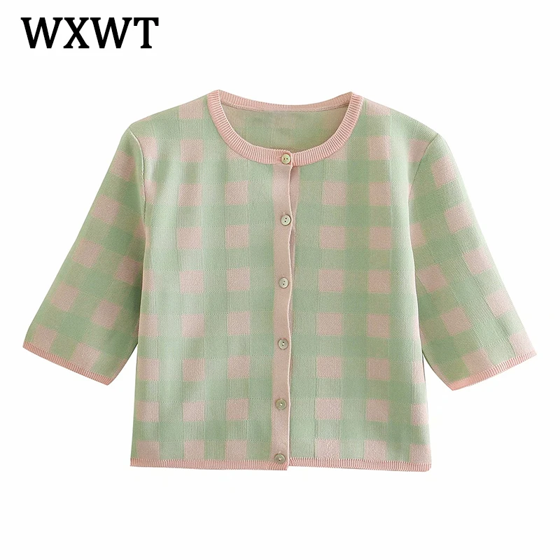 

WXWT Fashion Plaid Cropped Cardigan Women O Neck Knitted Crop Tops Casual Short Sleeve Cardigan Sueter Mujer Summer 2021 BB1104