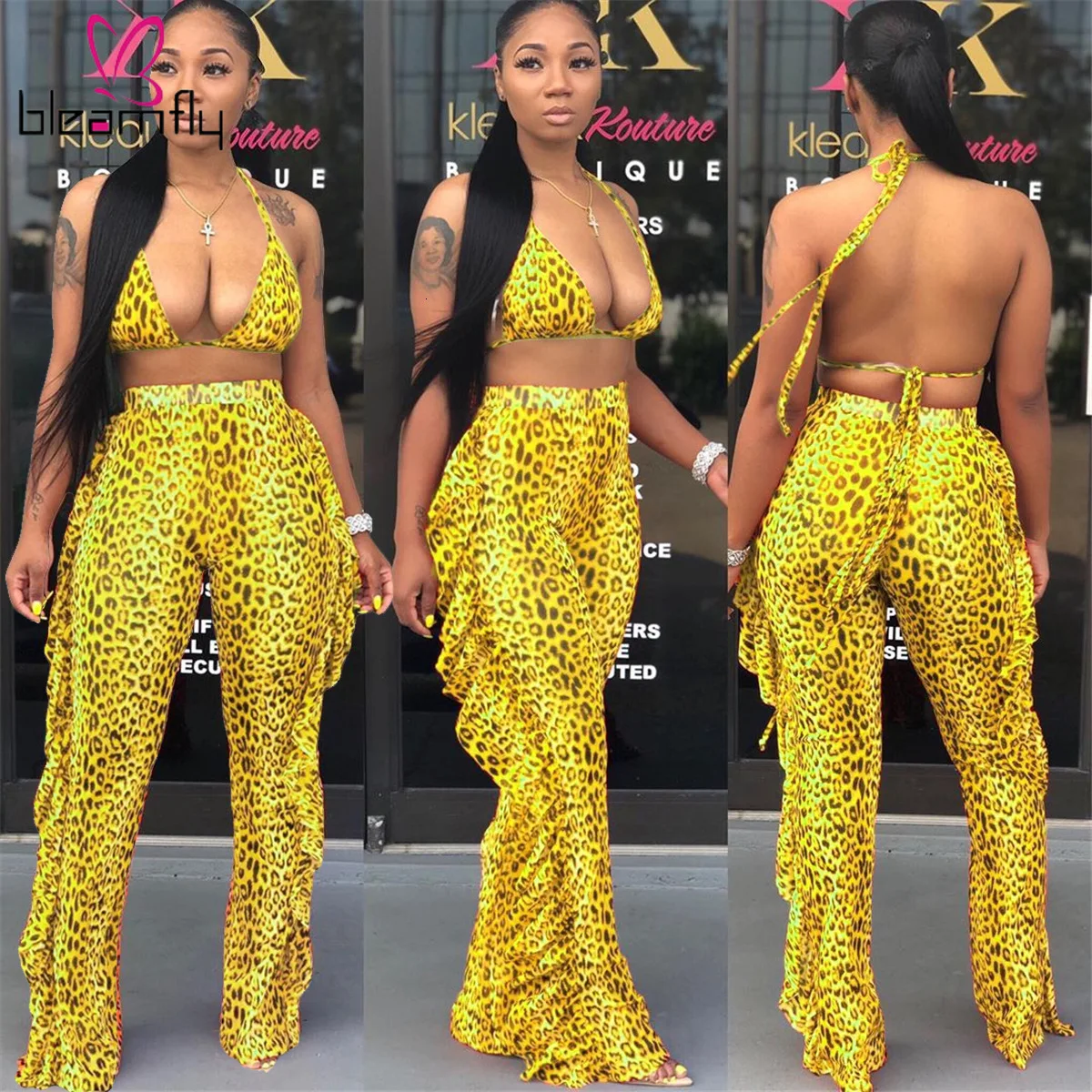 Женский леопардовый топ с v образным вырезом и открытой спиной + штаны оборками