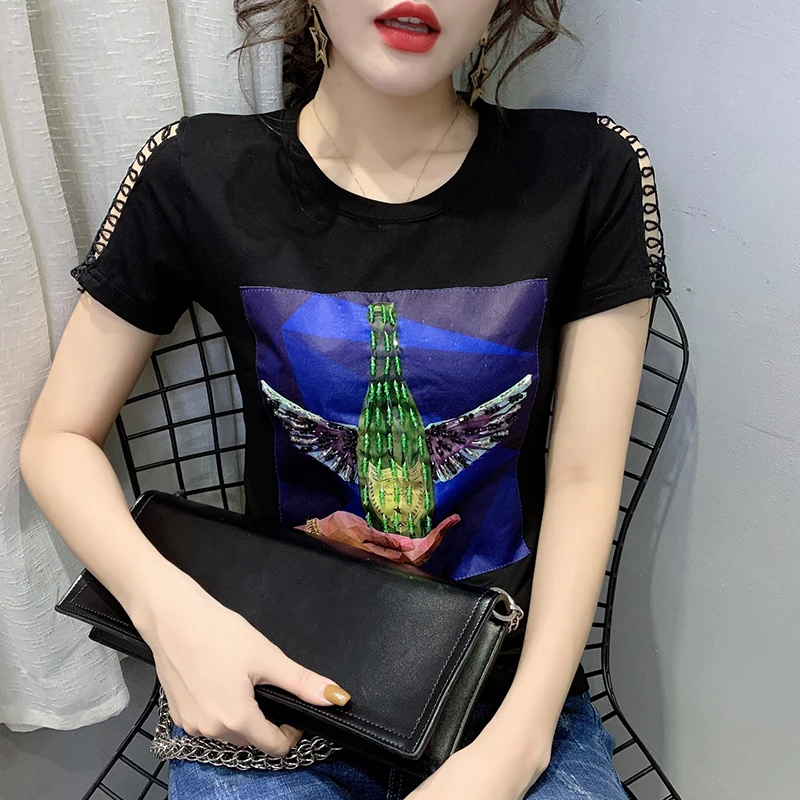 

The new spring and summer to film the original han edition joker female coat short sleeve T-shirt design heavy industry spot