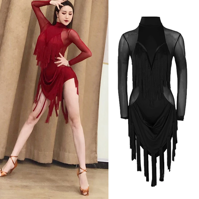 Women'S Latin Dance Dress Sexy Mesh Tassel Long Sleeve Ballroom Dresses Dancing Costumes Danse Salsa Performance Outfits DWY3293 |