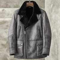 Men Bomber Jacket B3 Shearling Jacket Men Genuine Leather Coat Metallic Gray Color