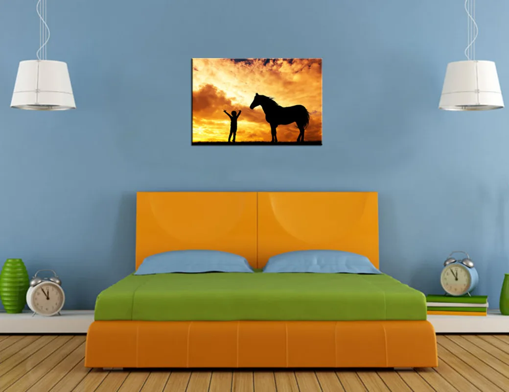 Лошади и ребенка Закат силуэт Плакаты печать холст пейзажи Африки домашний декор