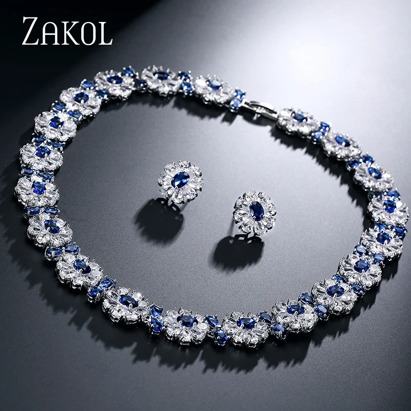 Blue Изысканный 4 цвета, кубический цирконий, цветок, ожерелье, серьги, свадебные наборы для женщин, свадебный ужин, платье, ювелирные изделия, FSSP240 - Окраска металла: Blue
