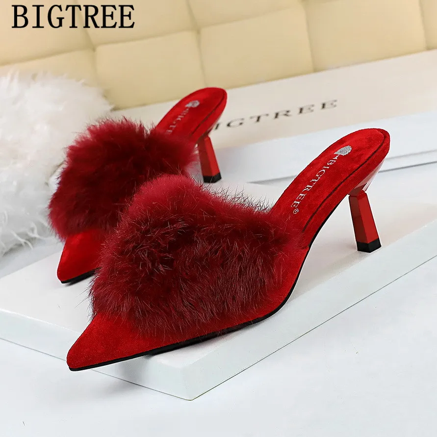 Пикантная обувь Меховые шлепанцы Туфли под платье женские туфли без пяток на