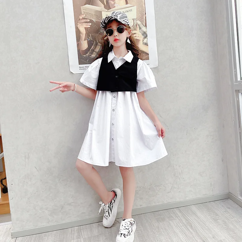 

Свободное платье для девочек, летнее платье, новинка 2021, детский Приталенный жилет + Молодежная рубашка, длинное платье, Школьное Повседневн...