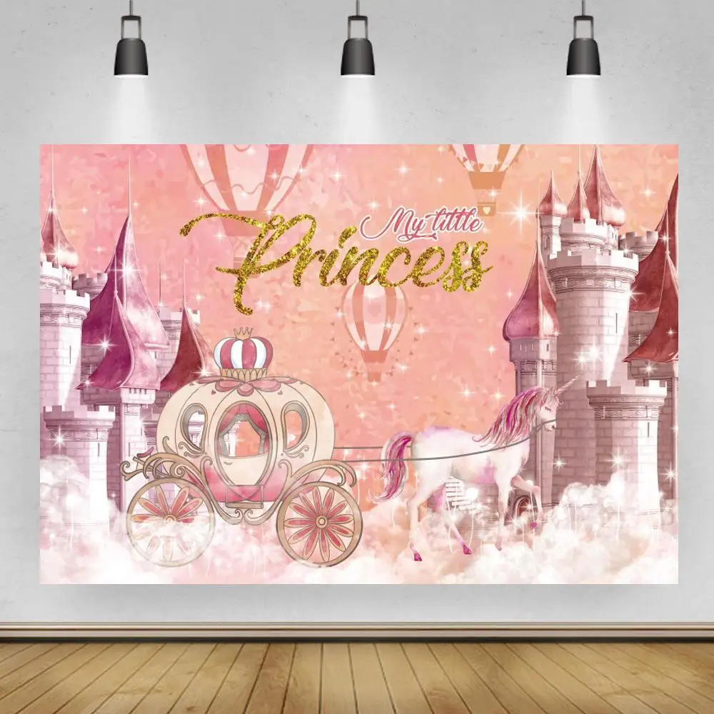 

Розовая маленькая принцесса сказочные замки фон для детской вечеринки Тыква каретка Девочка День рождения торт стол Баннер фон
