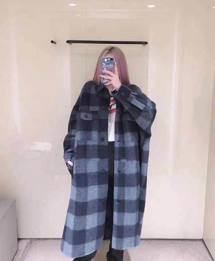 

Женское шерстяное пальто с отложным воротником, свободное клетчатое пальто средней длины с длинными рукавами, Осень-зима 2021