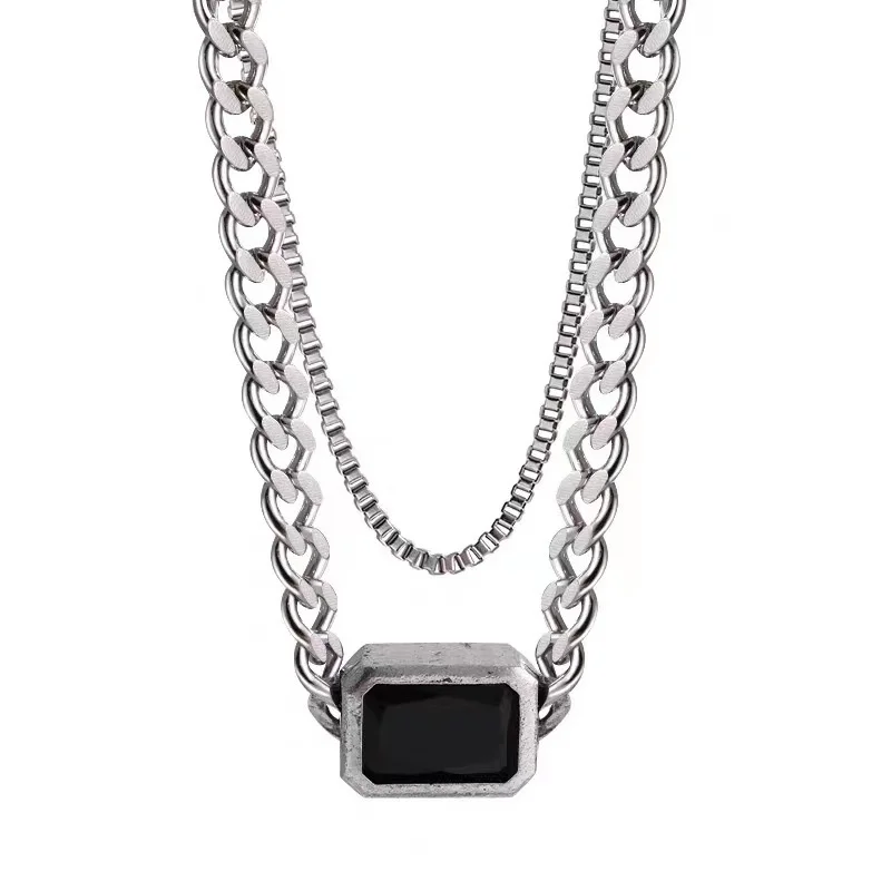 

Punk Cuban Silver Color Thick Multi Layer Chain Necklace for Women 2021 Geometric Black Stone Pendant Necklaces Party Jewelry