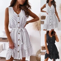 dress casual polka dot sleeveless summer beach sundress v neck button up white black a line dress with waist tie 2021 ladies