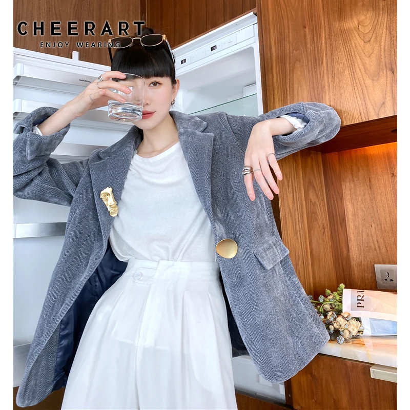 

CHEERART Winter Wool Blazer Women Gray Blue Slim Casual Ladies Korean Blazer Tweed Jacket And Coat 2020 Designer Clothing