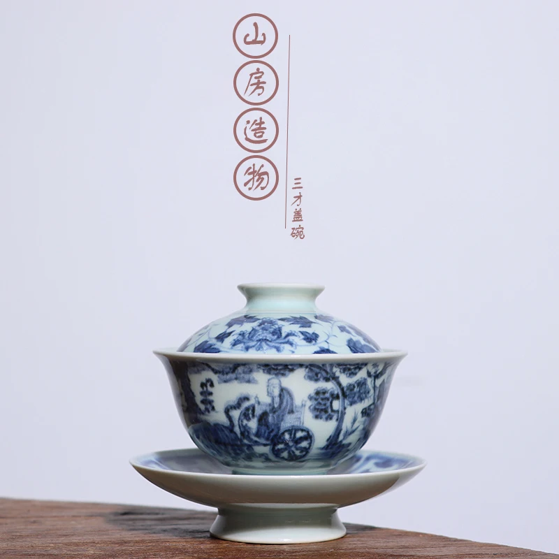 Guiguzi abajo la monta&ntilde;a habitaci&oacute;n creaci&oacute;n imitaci&oacute;n Ming azul y blanco dibujar a mano tres tueen-0
