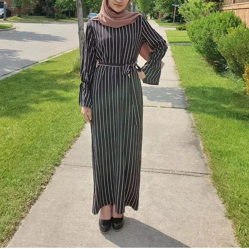 

Plus Size Fashion Striped Muslim Robe Musulmane Turkish Dubai Abaya Muslim Dress Arab Worship Service Abaya Wholesale